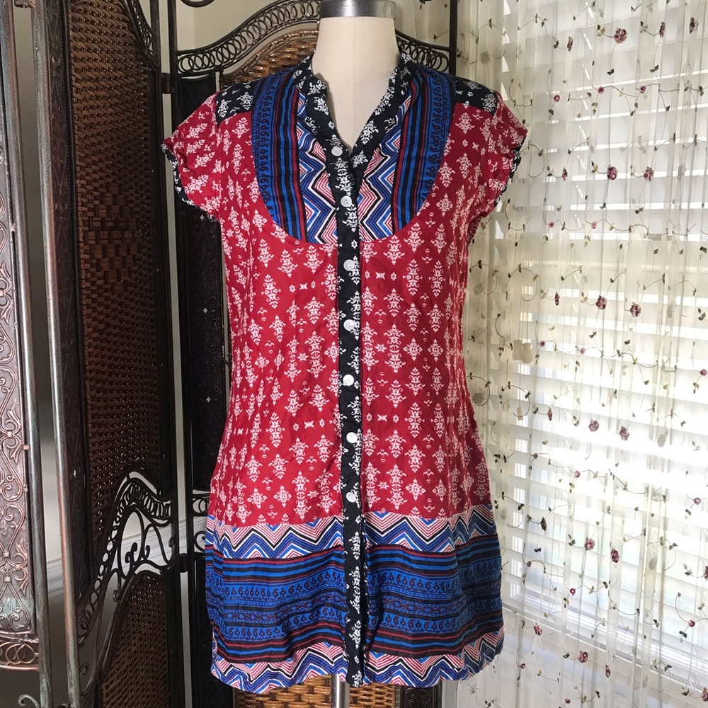 Bohemian Red & Blue Printed Women’s Tunic Top